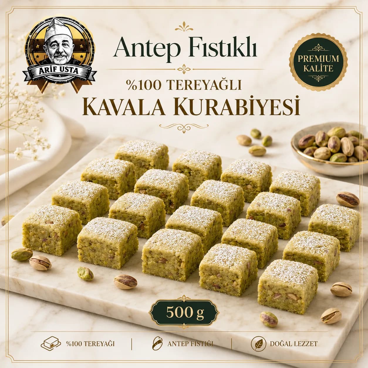 Tereyağlı Antep Fıstıklı Kavala Kurabiyesi 500g